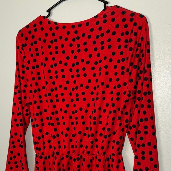 Mud Pie Drew Wrap Women’s Long Sleeve Midi Dress Dots Size Medium Red and Black - Picture 9 of 14
